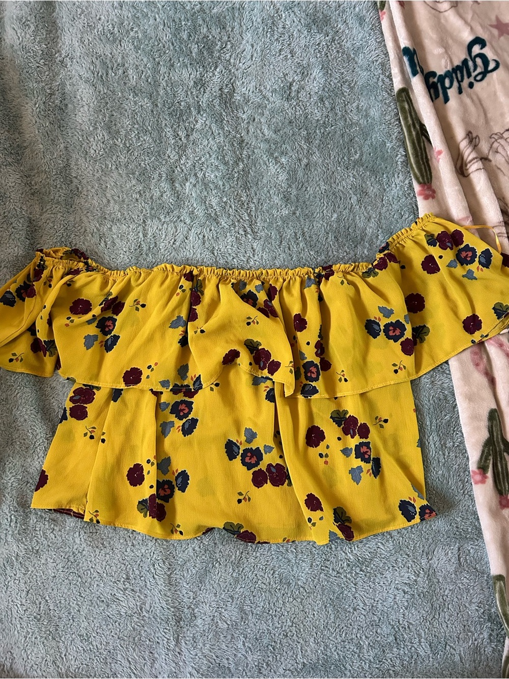 Zara Women's Bright Yellow Off-the-Shoulder Floral Ruffle Top